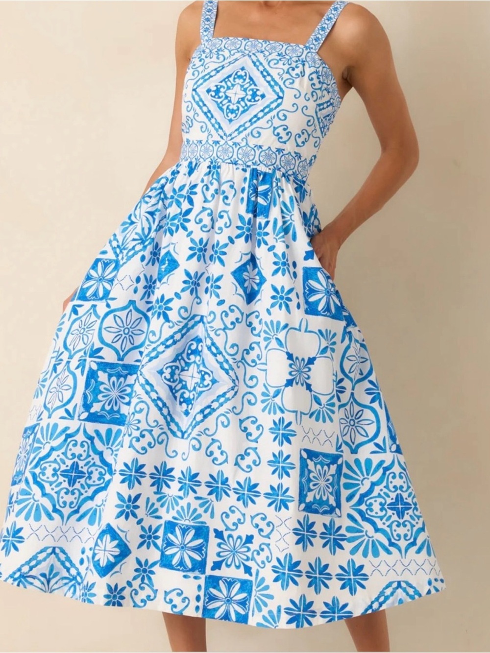 Prosperina Lydia Midi Maxi Dress Blue White Tile Print Sundress Dress NWT small